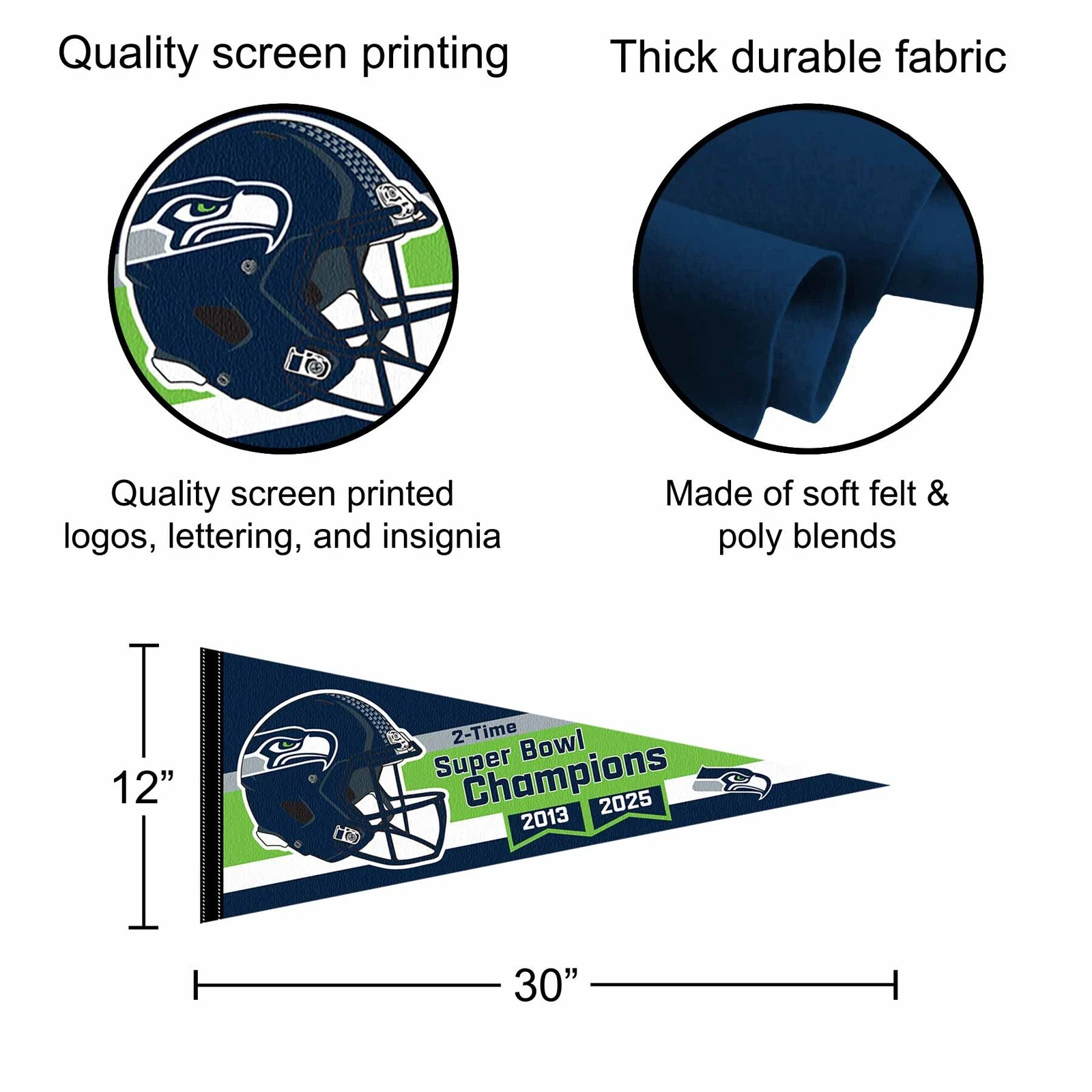 Super Bowl LX and 2 Time Champions Pennant for Seattle Seahawks Flag