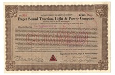 RARE! 1912 PUGET SOUND TRACTION LIGHT & POWER CO SEATTLE RAILROAD CERTIFICATE