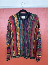 Vintage Coogi Australia 3D Knit Henley Sweater Rainbow Mens size L 100 Cotton