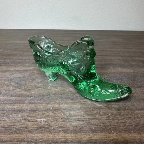 Vintage RARE Fenton Sea Mist Green Cabbage Rose - Fenton Glass Shoe