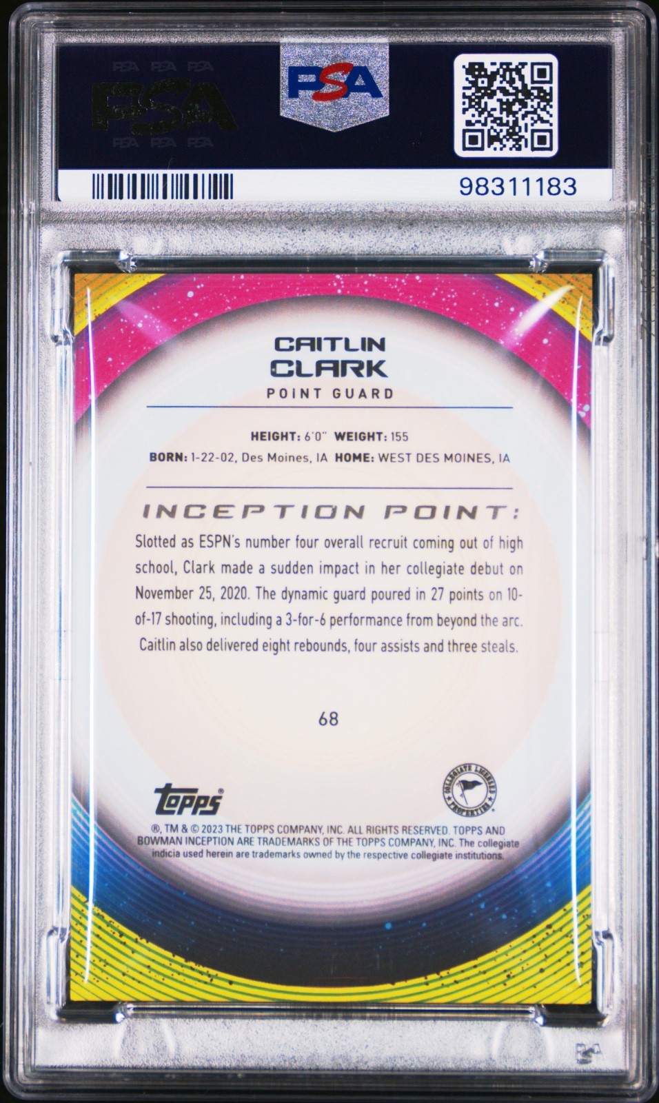 2022 Bowman U Inception Caitlin Clark Aqua V1 Foil /199 PSA 10 #68 Iowa HQ2 view 2
