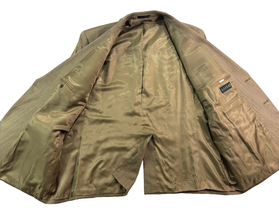 Ralph Lauren 52R Brown Herringbone Blazer Jacket Sport Suit Coat Silk Wool - Image 3 of 4