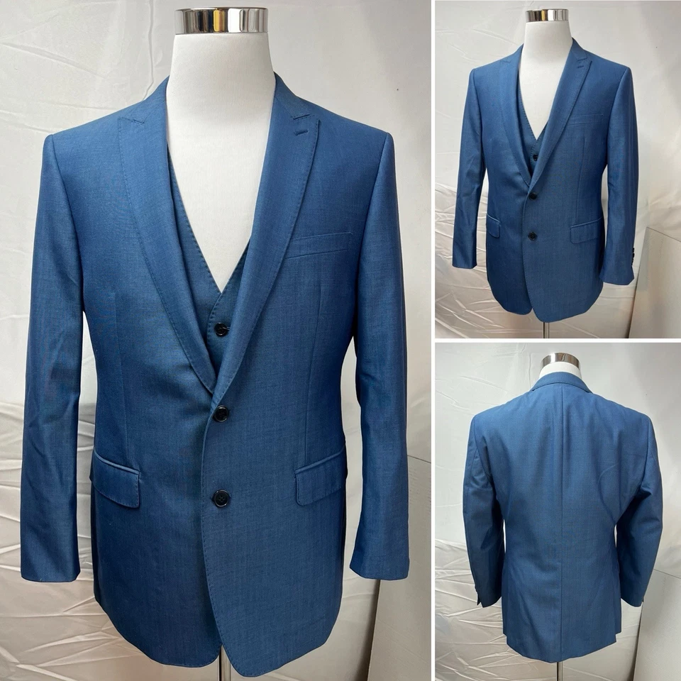 Calvin Klein Extreme Slim Fit Men's 44R Blazer 33x28 Pant Vest Blue 3-Piece Suit - Image 4 of 4