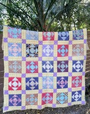 67x79 Vintage Log Cabin Quilt - Thick Heavyweight Cotton - Handmade /Distressed