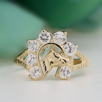 Equestrian Horseshoe Head Ring 10K Yellow Gold Cubic