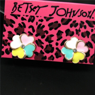 Betsey Johnson Crystal Lucky Four Leaf Clover Gold Stud Earrings Free Gift Bag