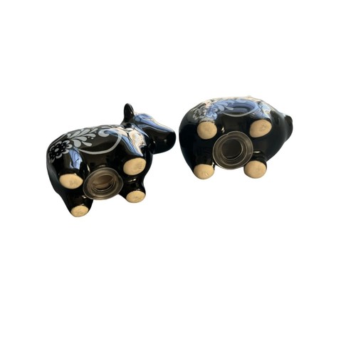 Black White Ceramic Farm Animal Salt Pepper Shakers Pig Cow Floral Design - Picture 5 of 5