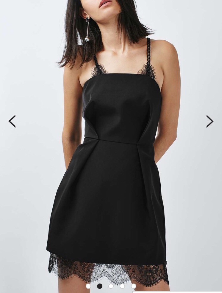 TOPSHOP Lace Trim Structured Pleated Dress Chain Cross Strap LBD Womens Sz  6 S