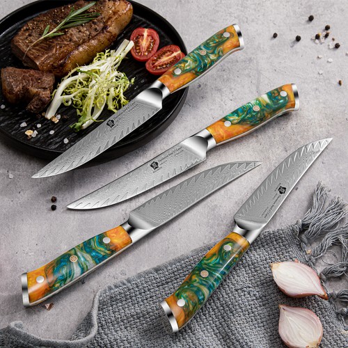 WILDMOK 67 Layers Damascus VG10 Steel 5" Steak Knife Set Full Tang Resin Handle - Picture 6 of 14