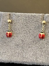 14K Solid Yellow Gold Ladybug Drop/Dangle Earrings Italy
