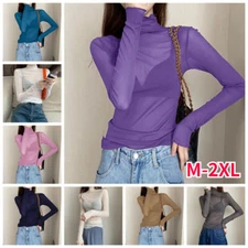 Women Lace Mesh Shirt Tops T-shirts Sheer High Neck Sexy Basic See Through