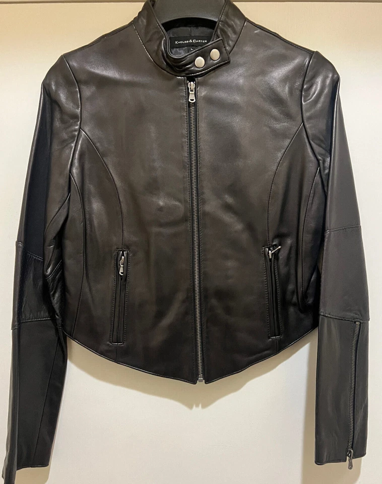 Chaqueta de cuero para mujer KNOLES & CARTER color negro piel de cordero hasta la cintura - NUEVA Foto 3 de 4