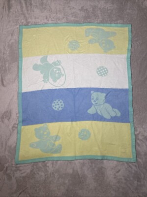 Vintage Kinderdecke Baby's Best Blanket Bears Ball Green Yellow White Stripe