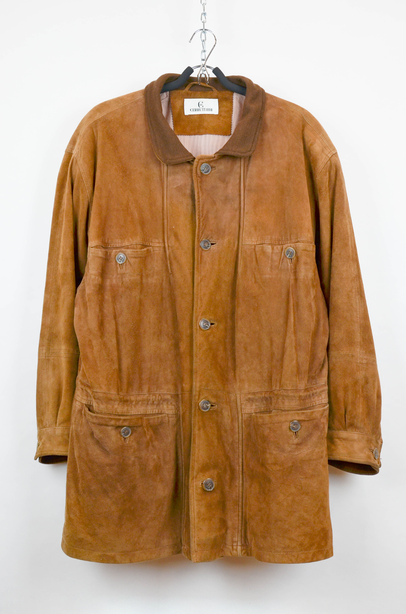 【イタリア製】1990s Nubuck Leather Car Coat Cerruti 1881 Vintage Brown Suede Leather Jacket – Button Front