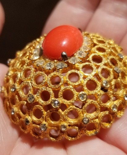 Rare Vintage DeNicola Signed Dome Brooch Big MCM Coral Cab Rhinestone Statement - Picture 6 of 12
