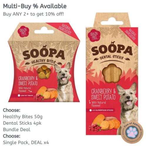 SOOPA Cranberry Sweet Potato Dog Dental Sticks Healthy Bites Veg Chews Treats - Picture 1 of 4
