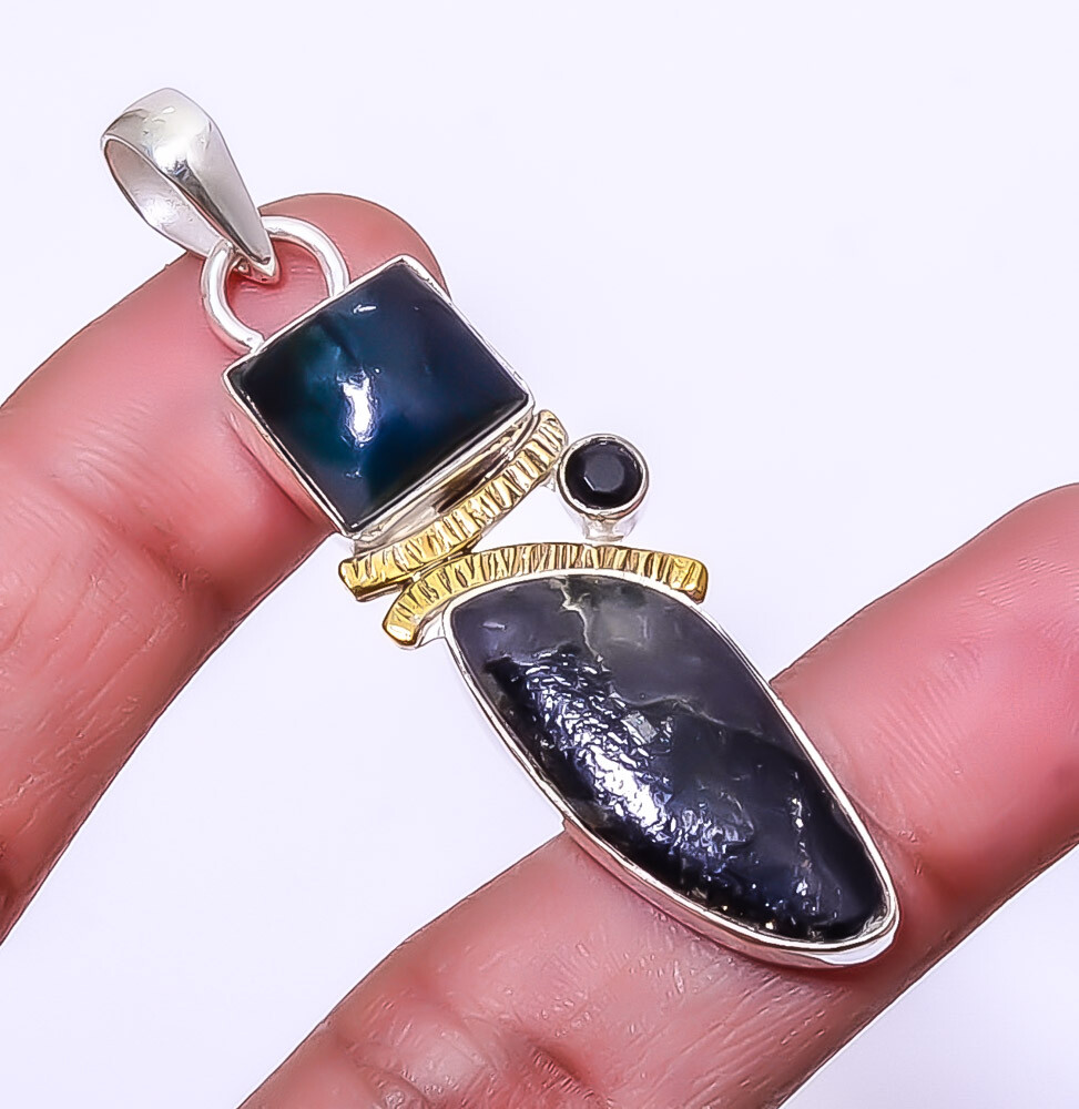 Simulated Emerald Sakota Mines 925 Silver Gold Plated Pendant 2.26 Inch