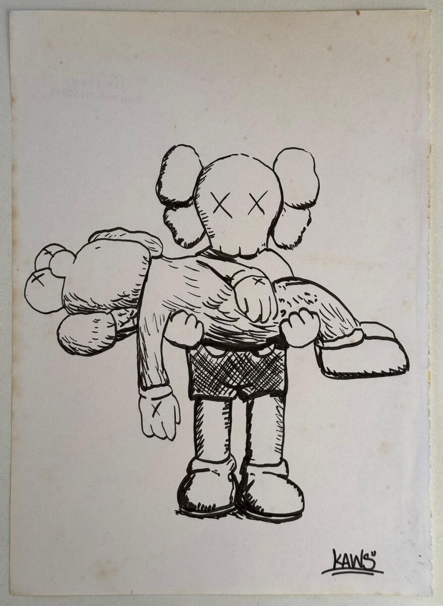 KAWS (Handmade) Drawing On old Paper Signed Mixed Media, Vtg KAWS (Handmade) Drawing On old Paper Signed Mixed Media, Vtg