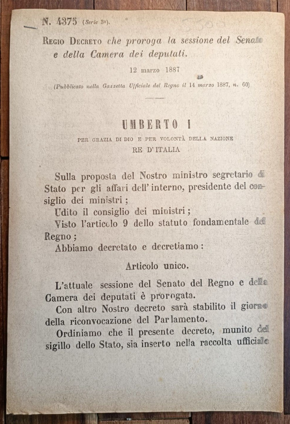 ITALIA 1887 REGIO DECRETO X PROROGA DELLA CAMERA DEI DEPUTATI-4 PAGINE-5500