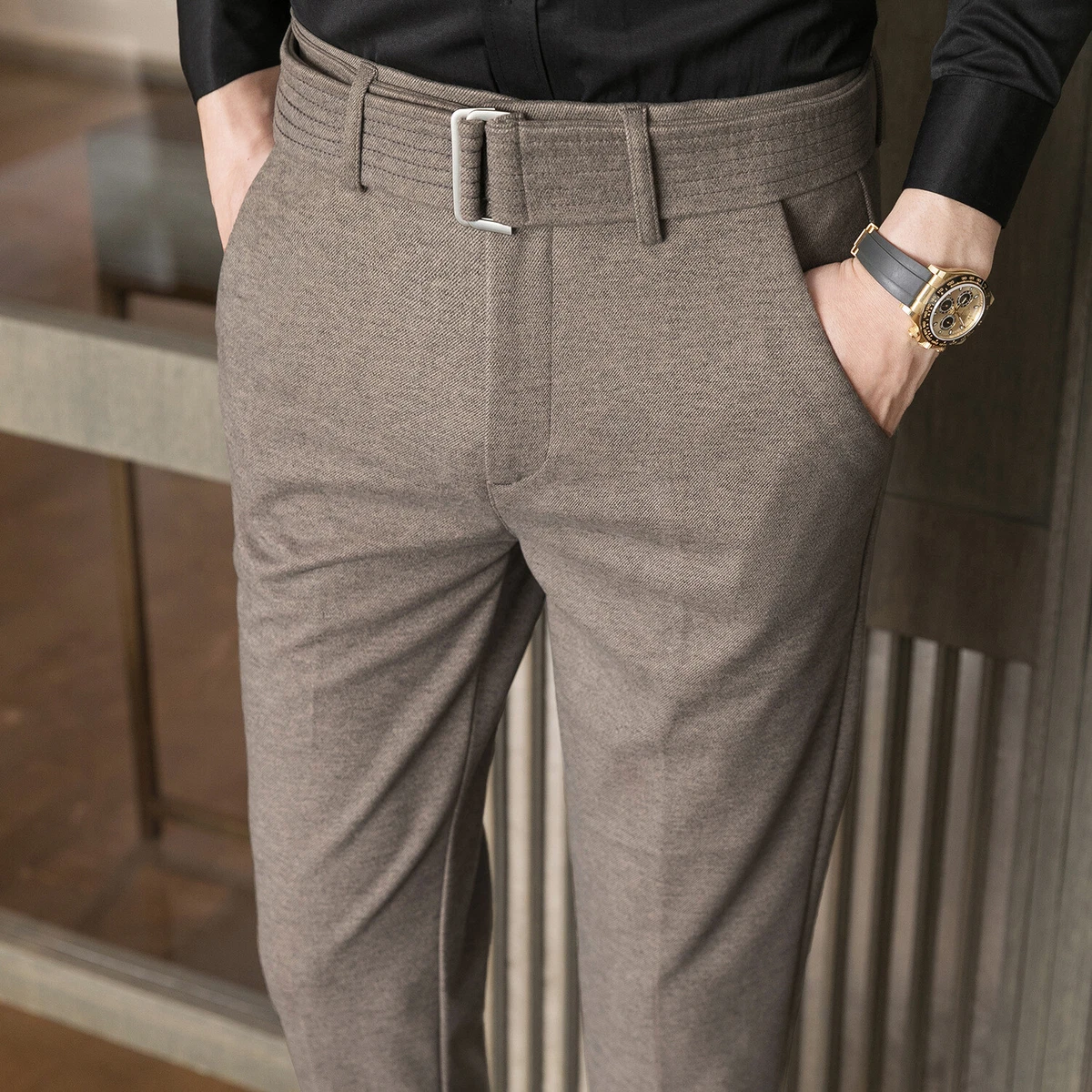 Buy Men Grey Slim Fit Textured Flat Front Casual Trousers Online - 742656 |  Louis Philippe