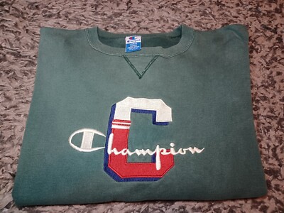Vintage Champion Embroidered Crewneck Spellout Large Green Sweatshirt Faded 