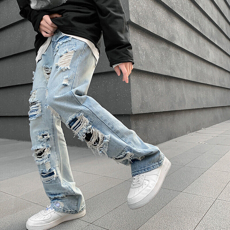 Men Denim Jeans Wide Leg Pants Ripped Distressed Bootcut Men Denim Jeans Wide Leg Pants Ripped Distressed Bootcut