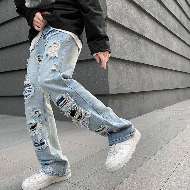 Men Ripped Denim Jeans Wide Leg Pants Distressed Streetwear Fit Hip Hop Trousers