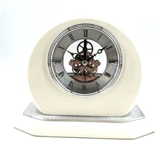 Beige Silver Trim Retro Quartz Skeleton Mantel Clock Tested