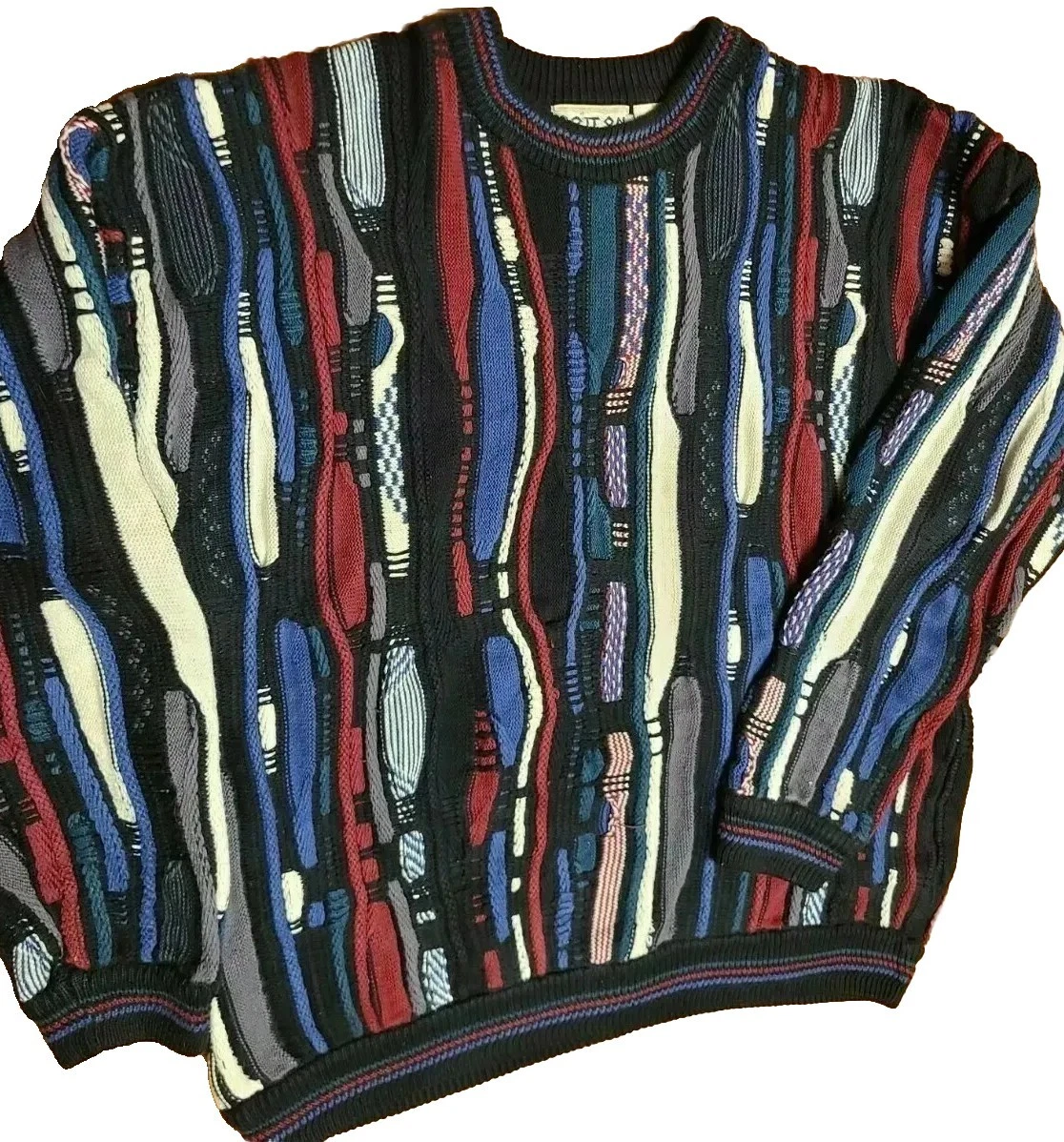 COTTON TRADERS Coogi Style 3D Textured Sweater Mens L Large Colorful  Stripes VTG