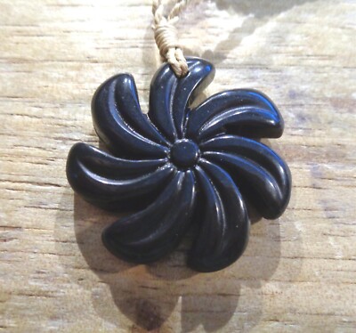 38MM CARVED BLACK JADE HAWAIIAN KIELE TAHITIAN TIARE GARDENIA FLOWER NECKLACE #2