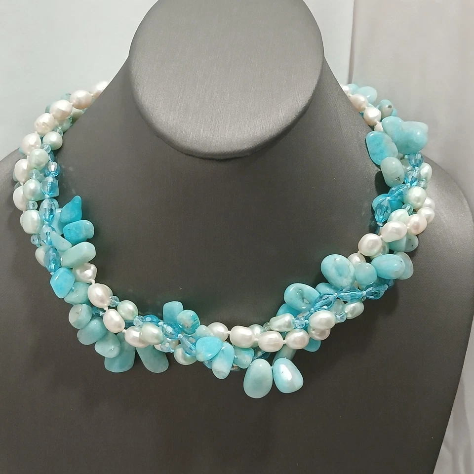 Collar Multi Hilo Piedra Natural Perla Cultivada Cristal Azul Cuentas Foto 4 de 4