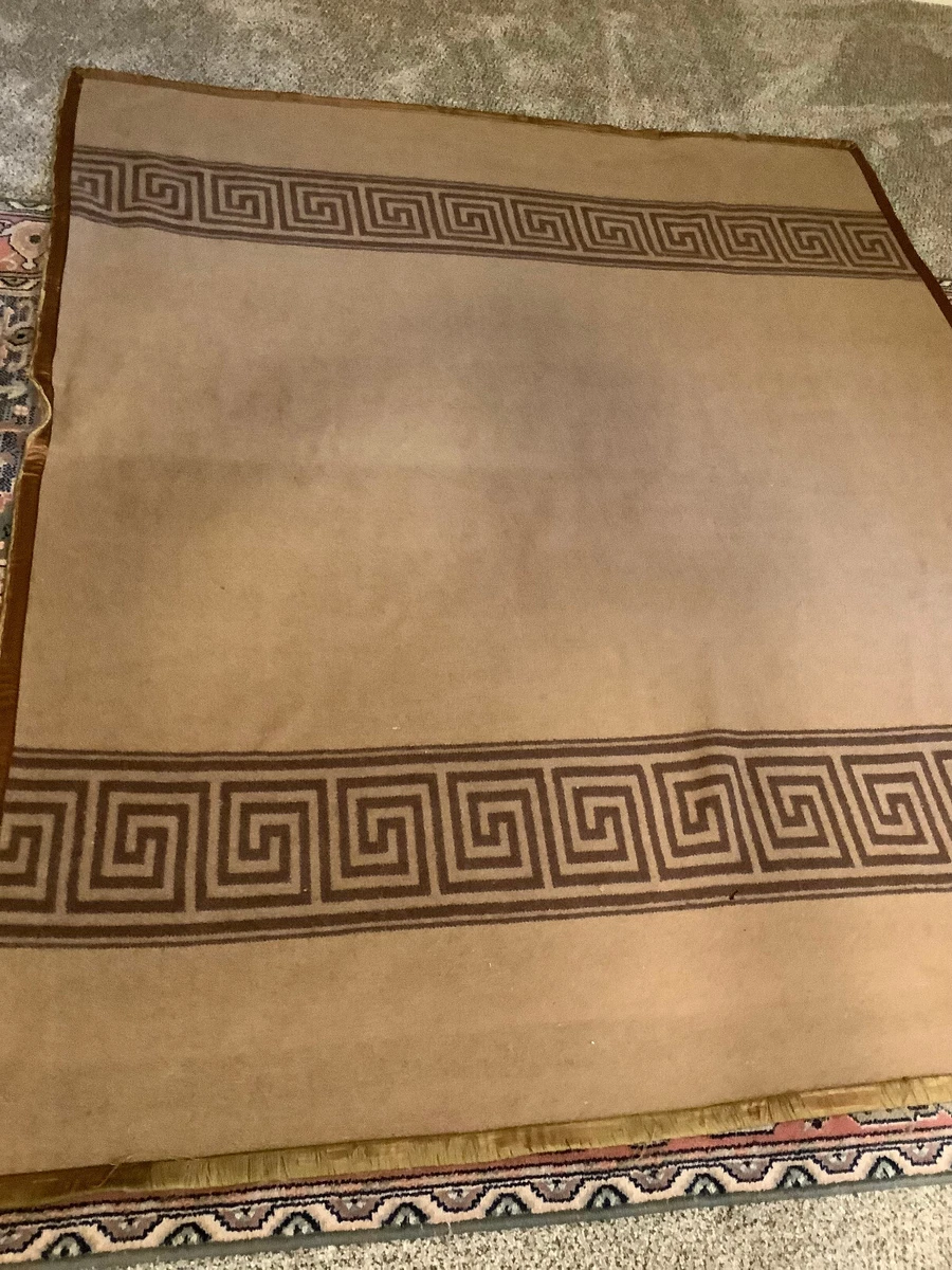 VTG Pure Camel Hair Wool Blanket w Greek Key design antique