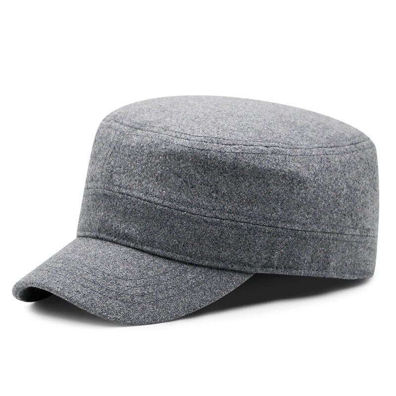Unisex Army Cap Military Cadet Hat Short Brim Faux Wool Flat