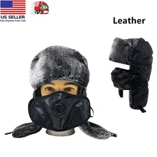 Unisex Winter Leather Trooper Hat, Hunting Hat, Ear Flap, Chin Strap, With Mask