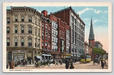 Utica NY Busy Corner C.A. Whelan Cigar Store Trolley Old Cars   Postcard