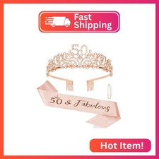 Semato Rose Gold 50th Birthday Tiara Sash Set for Women - Rhinestone Crown G