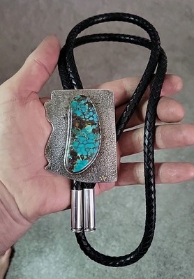 Bisbee Turquoise Tufa Cast Sterling Silver 14k Yellow Gold Leather Bolo Tie 168g