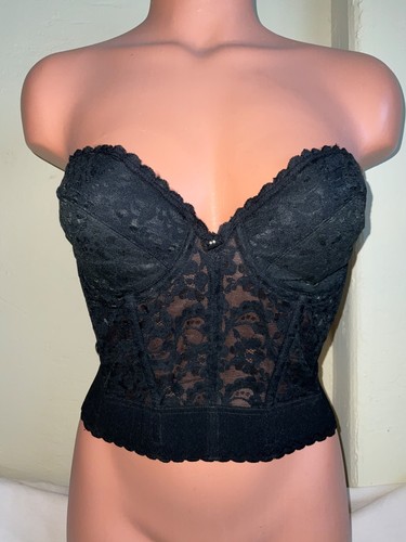 Vintage Fredericks of Hollywood Corset Bustier Bra Size 36C Black Lace