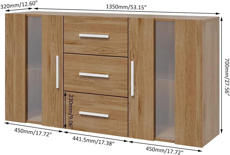 LED Sideboard Cabinet with Drawers, Glass Doors & Storage Lights, Oak - Image 2 of 4