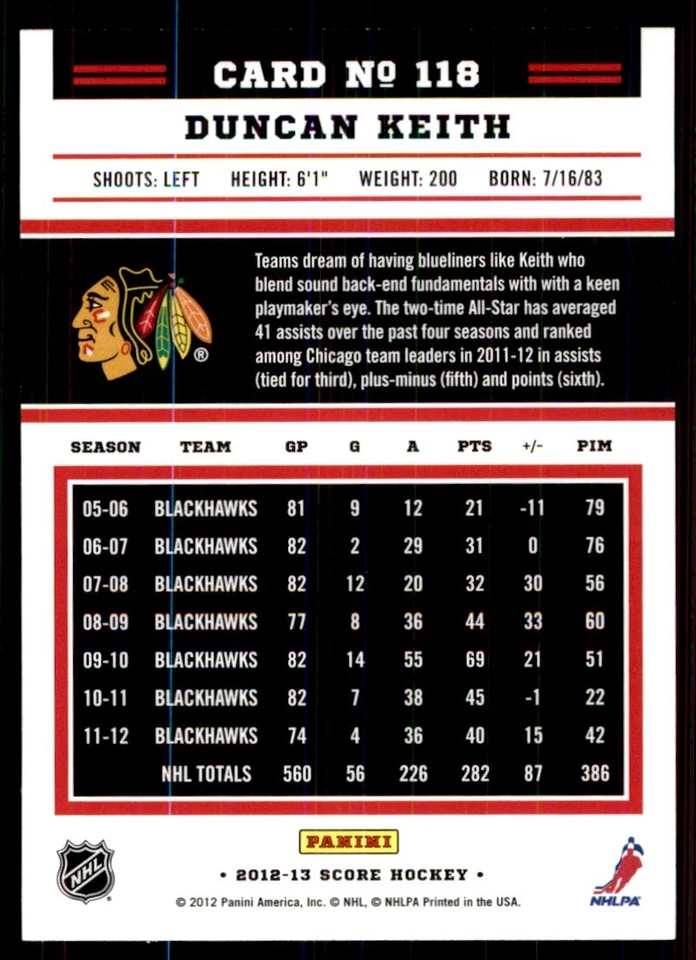2012-13 Score Duncan Keith Chicago Blackhawks #118 - Image 2 of 2