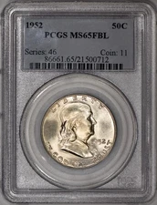 1952 Franklin Half Dollar 50c PCGS MS65 FBL - PQ Coin!