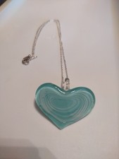 Unbranded Light Blue Heart Shaped Art Glass Necklace 16" Silver Tone Chain