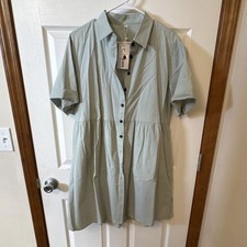 Women's Solid Green Shirt Dress Collared Short Sleeve Button Front L