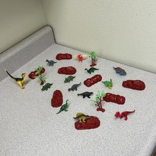 Mini Toy Dinosaurs Lot Of 17 Figures Miniature Jurassic Toys W/ Landscape Pieces