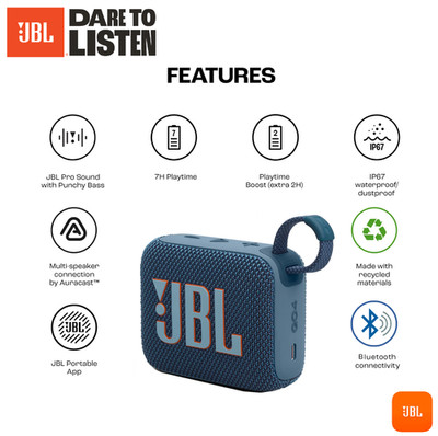 JBL Go 4 Ultra-Portable Waterproof Bluetooth Speaker (Blue) - New Factory Sealed