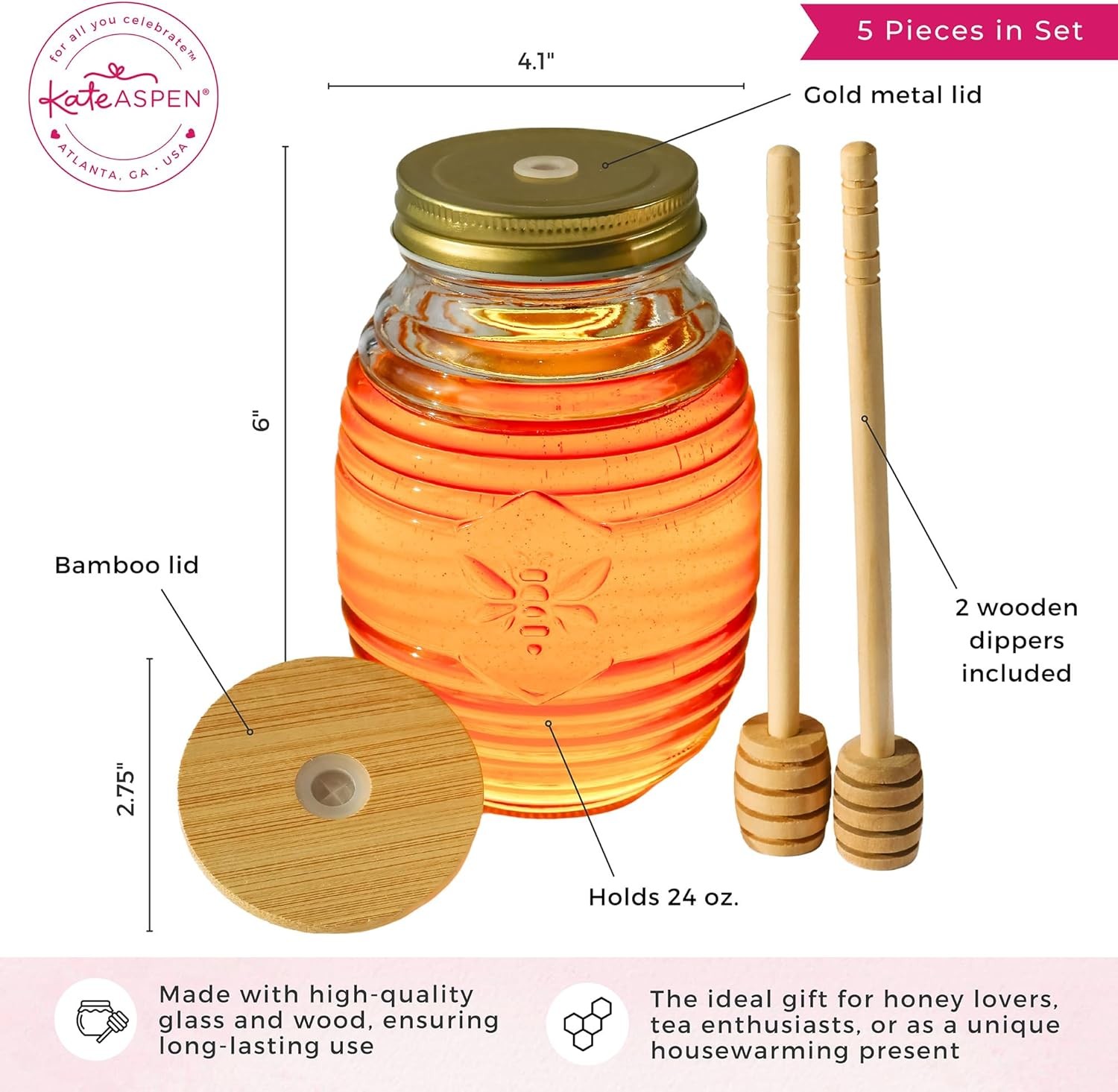 Kate Aspen 24oz. Bee Hive Shaped Honey Glass Mason Jar with Two Large, Clear 