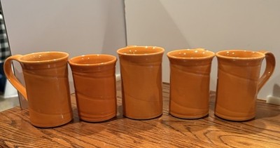 5 Handmade Studio Pottery Stoneware Mugs, Orange/Persimmon