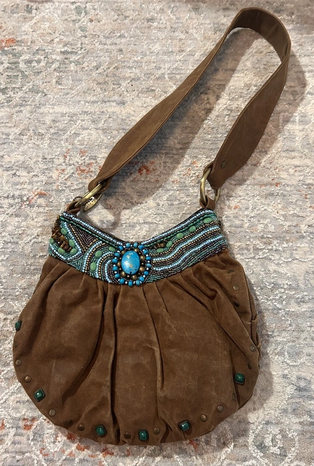Cartera vintage Mary Frances, retirada, con detalles turquesa, cuentas y tachuelas Foto 3 de 4