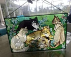 Vintage Tiffany Style Painted Stained Glass Art Vintage Cats Joan Baker Hanging