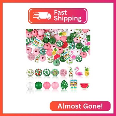 Glenmal 190 Pcs Flamingo Beads Hawaiian Summer Wood Beads Bulk for Crafts 16 mm